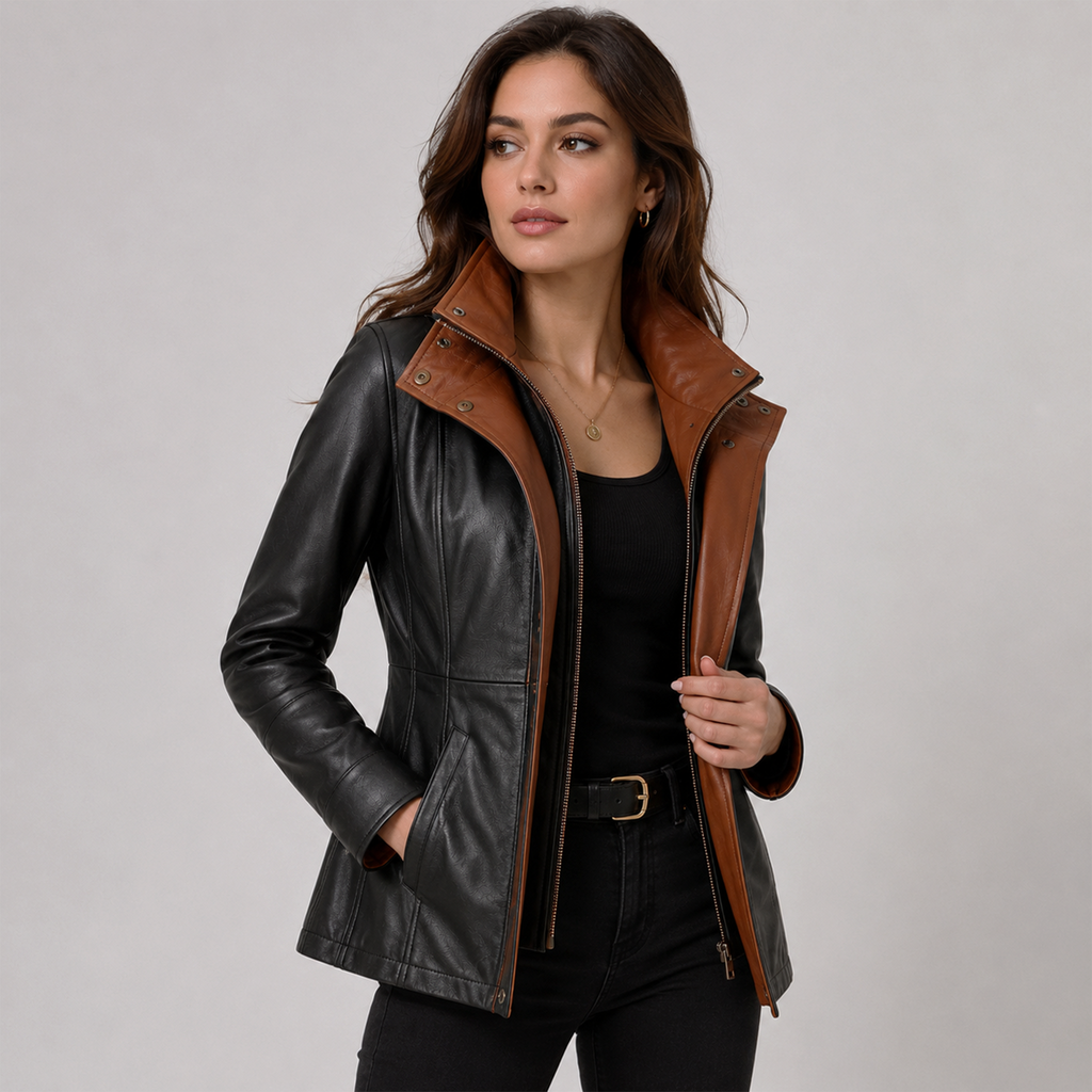 Women's Double Collar Leather Car Coat
