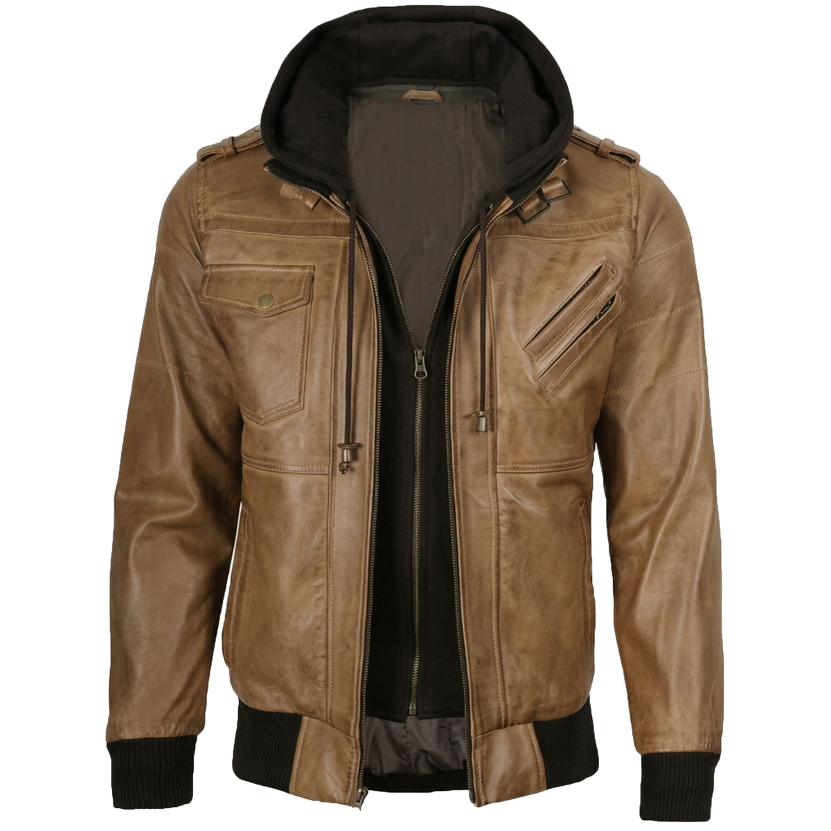 Men’s Camel Wax Leather Bomber Jacket with Detachable Hood