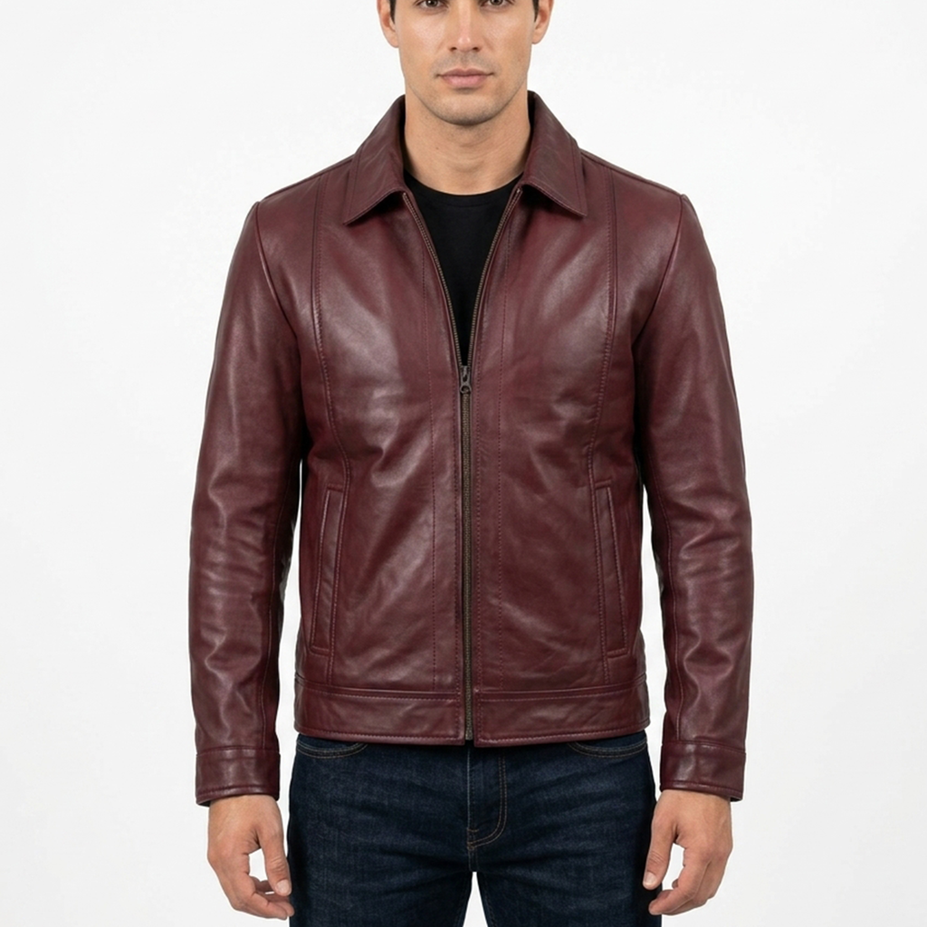 Men’s Vintage-Style Shirt Collar Leather Jacket Maroon Waxed