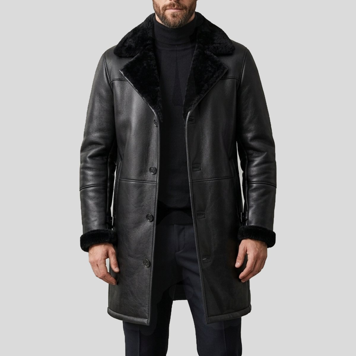 Men’s Black Lambskin Shearling Trench Coat