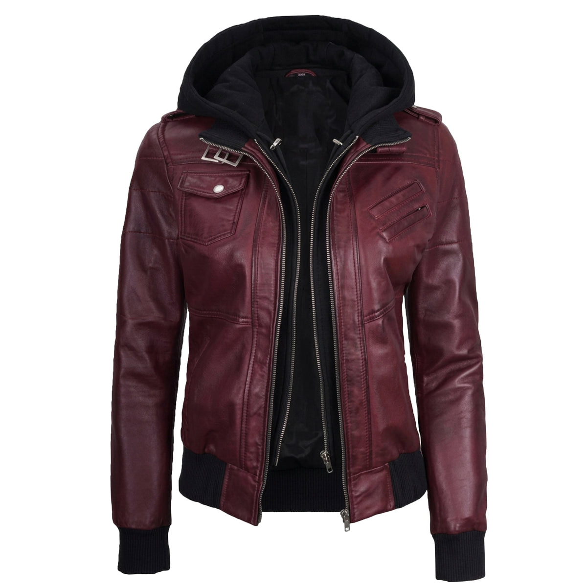 Women’s  Bomber – Detachable Hood Maroon Leather Jacket