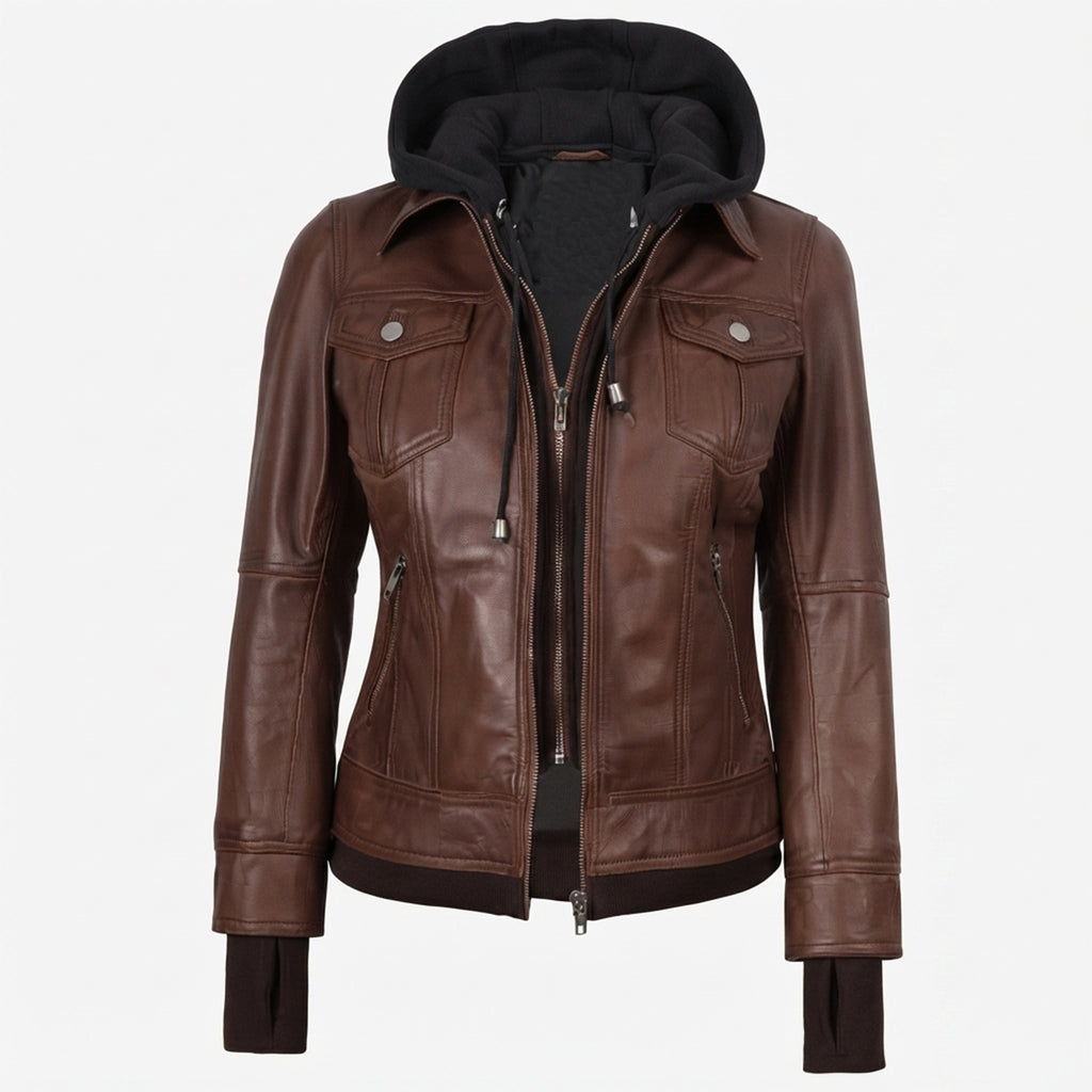 Women’s Cognac Wax Leather Jacket – 2-in-1 Detachable Hood