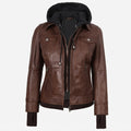 Women’s Cognac Wax Leather Jacket – 2-in-1 Detachable Hood