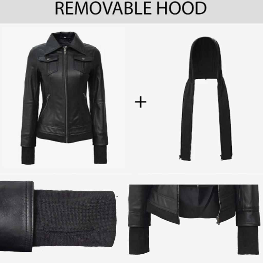 Women’s Black Leather Jacket – 2-in-1 Detachable Hood