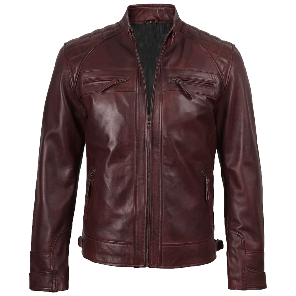 Men's Maroon Wax Leather Cafe Racer Jacket