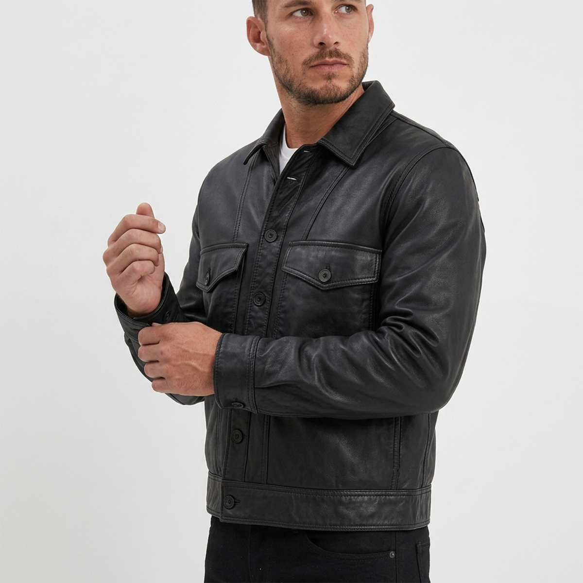 Men's Black Leather Shirt Jacket