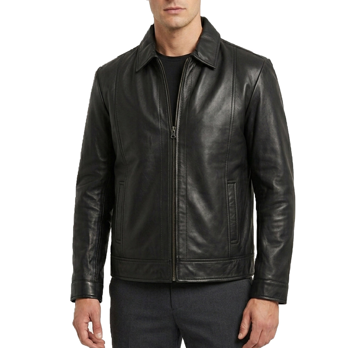 Men’s Vintage-Style Shirt Collar Leather Jacket Black