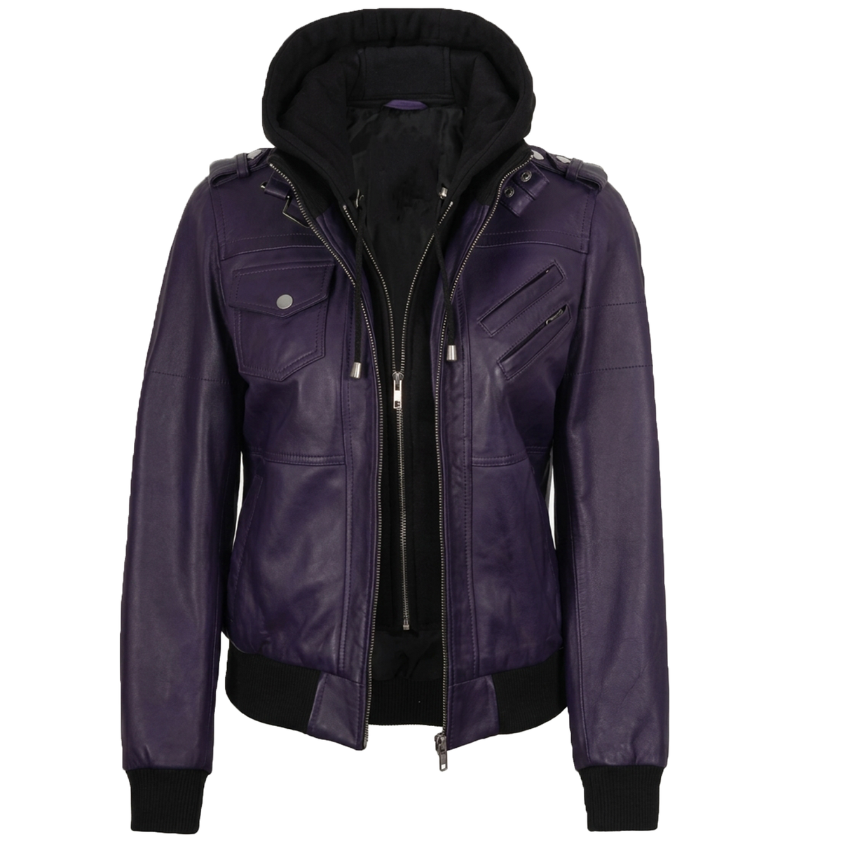Women’s Bomber – Detachable Hood Purple Wax Leather Jacket