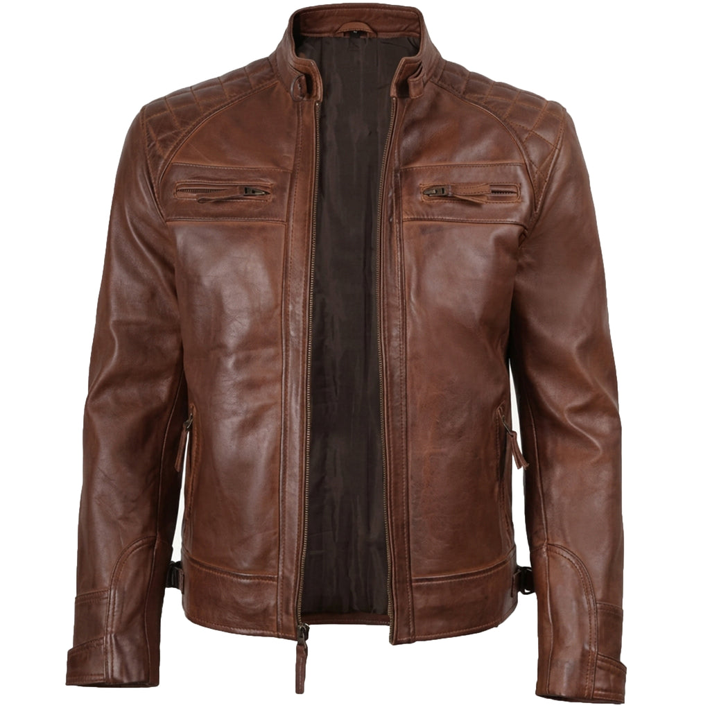 Men's Cognac Wax Leather Cafe Racer Jacket