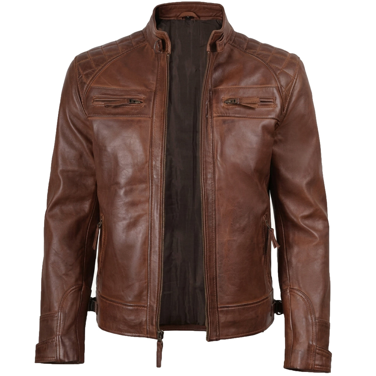 Men's Cognac Wax Leather Cafe Racer Jacket