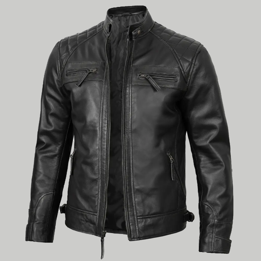 Men's Black Leather Cafe Racer Jacket