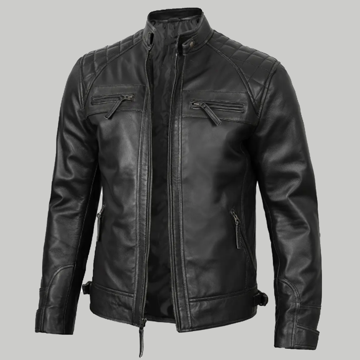 Men's Black Leather Cafe Racer Jacket