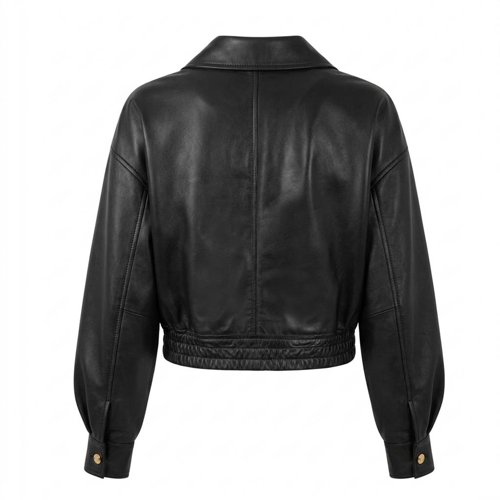 Women's Black Drop Shoulder Cropped Leather Lapel Jacket