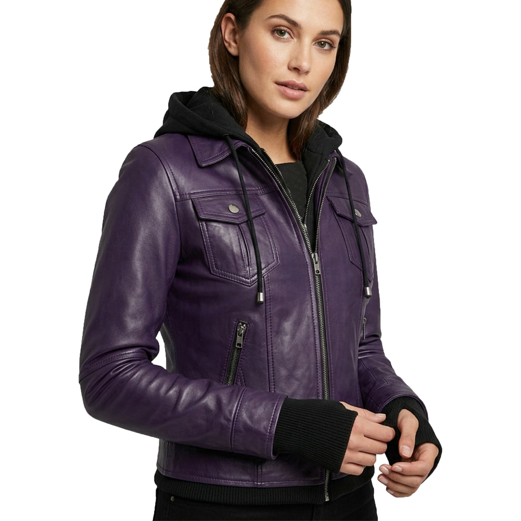 Women’s Purple Wax Leather Jacket – 2-in-1 Detachable Hood