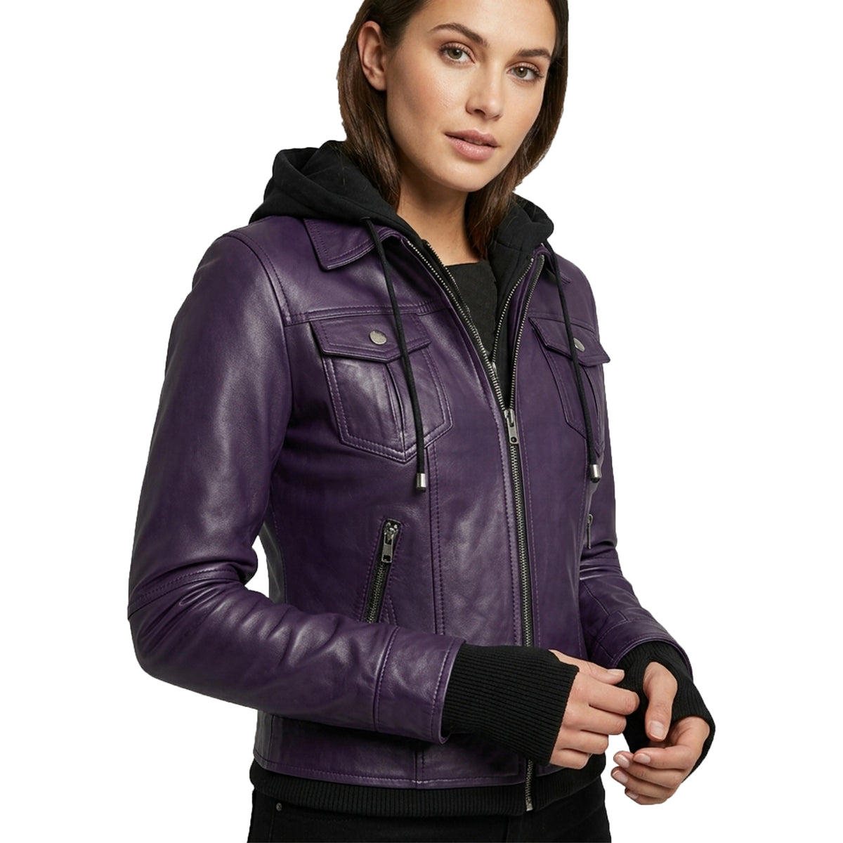 Women’s Purple Wax Leather Jacket – 2-in-1 Detachable Hood