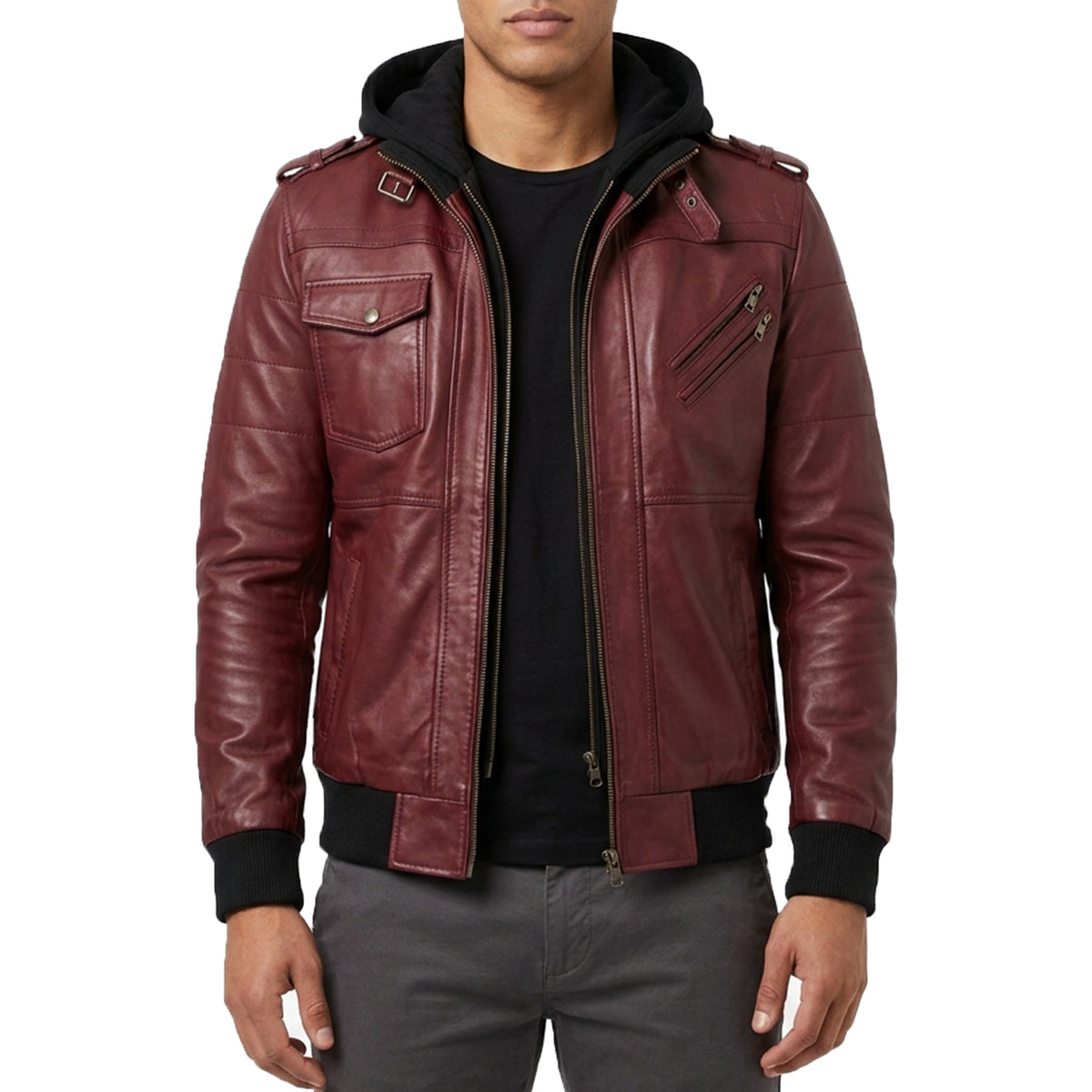 Men’s Maroon Wax Leather Bomber Jacket with Detachable Hood