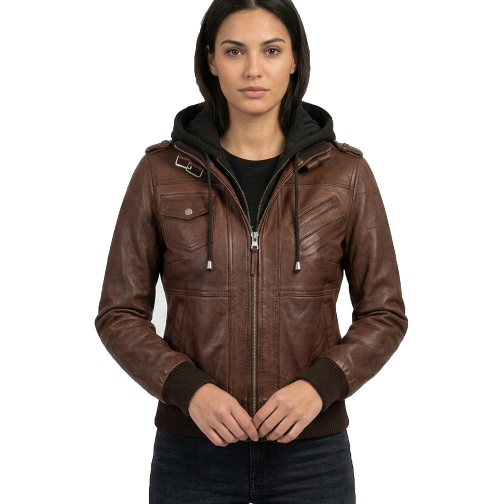 Women’s Bomber – Detachable Hood Cognac Wax Leather Jacket