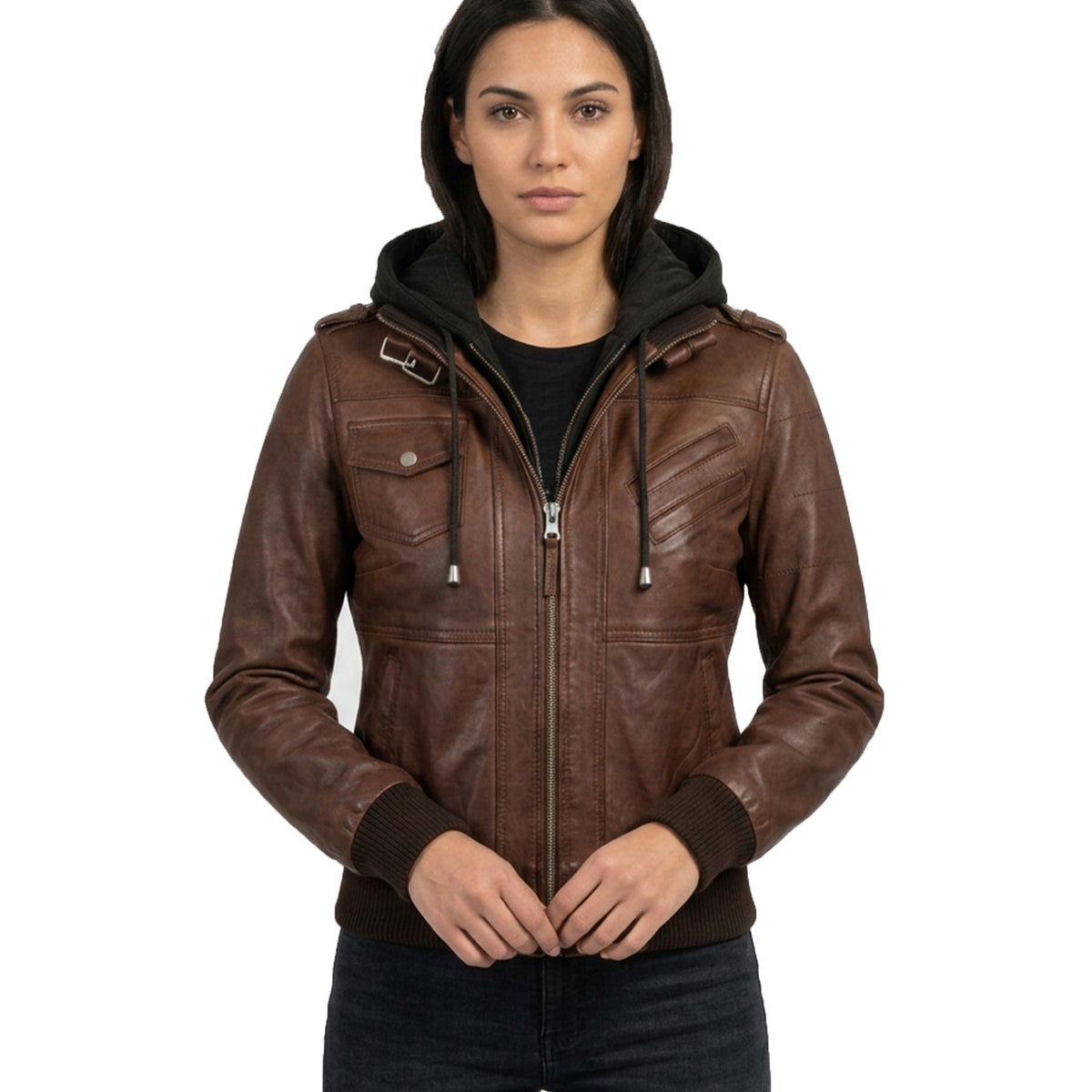 Women’s Bomber – Detachable Hood Cognac Wax Leather Jacket