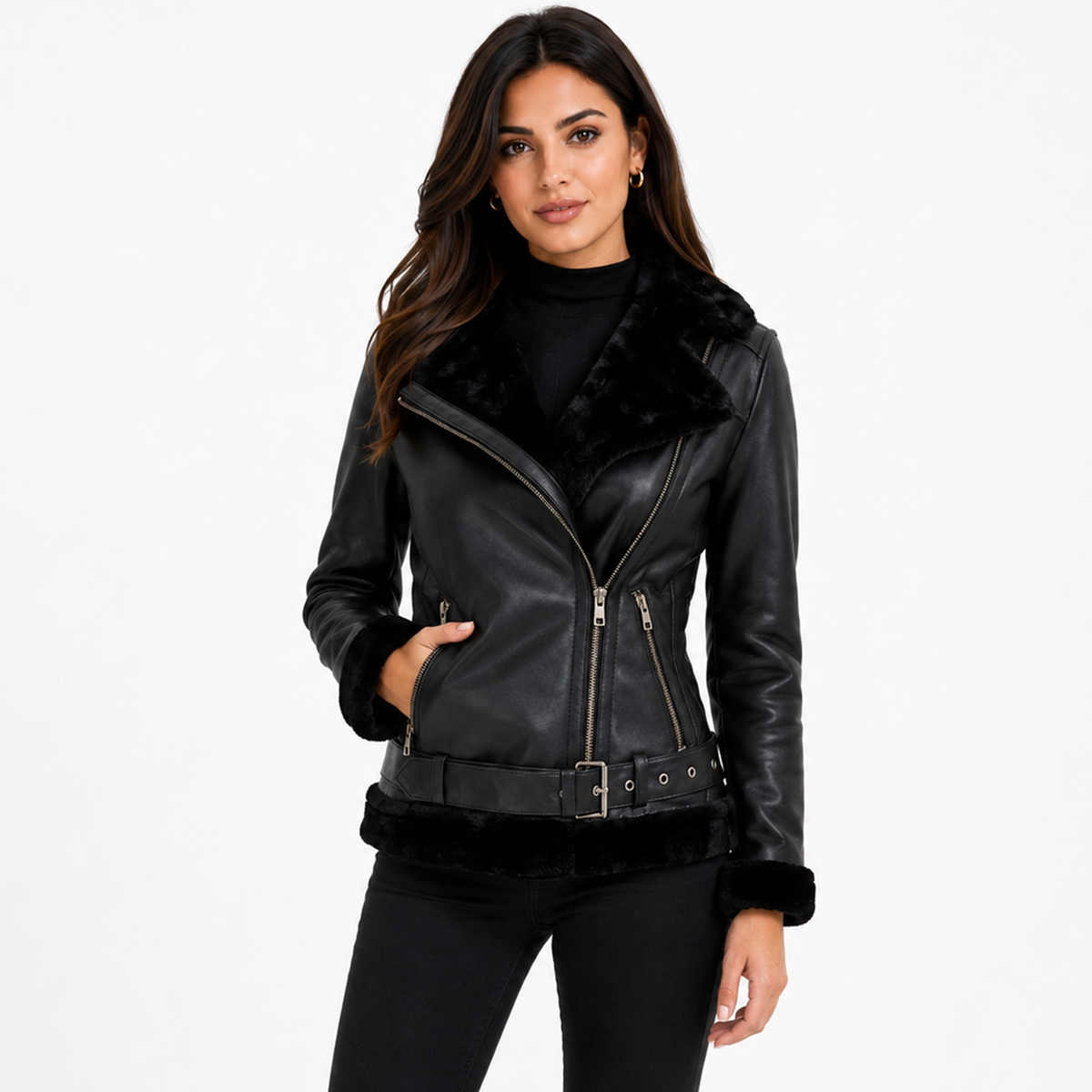 Black Luxe Shearling Biker Jacket
