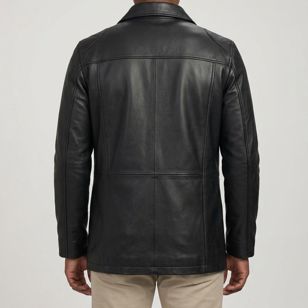 Men's Black Leather Stand Collar Car Coat