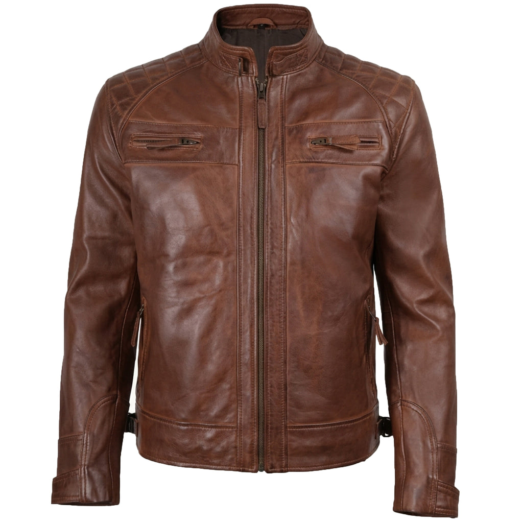 Men's Cognac Wax Leather Cafe Racer Jacket