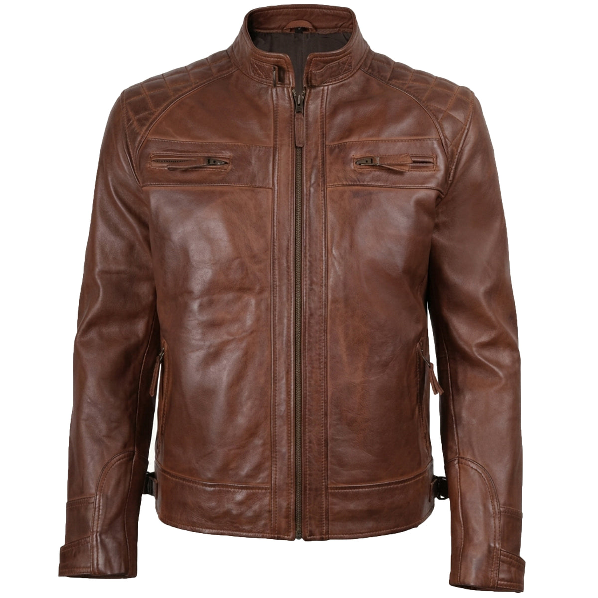 Men's Cognac Wax Leather Cafe Racer Jacket