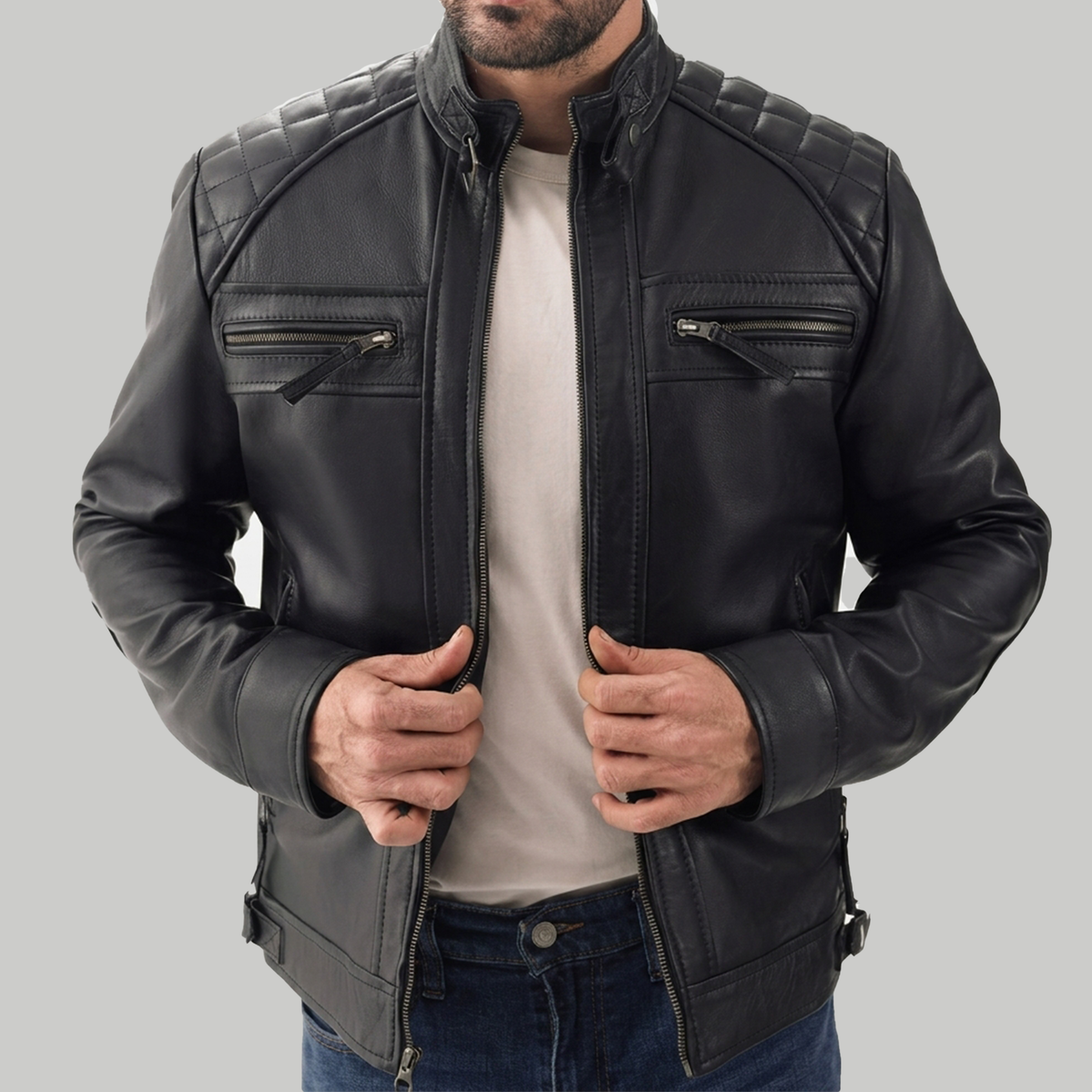 Men's Black Leather Cafe Racer Jacket