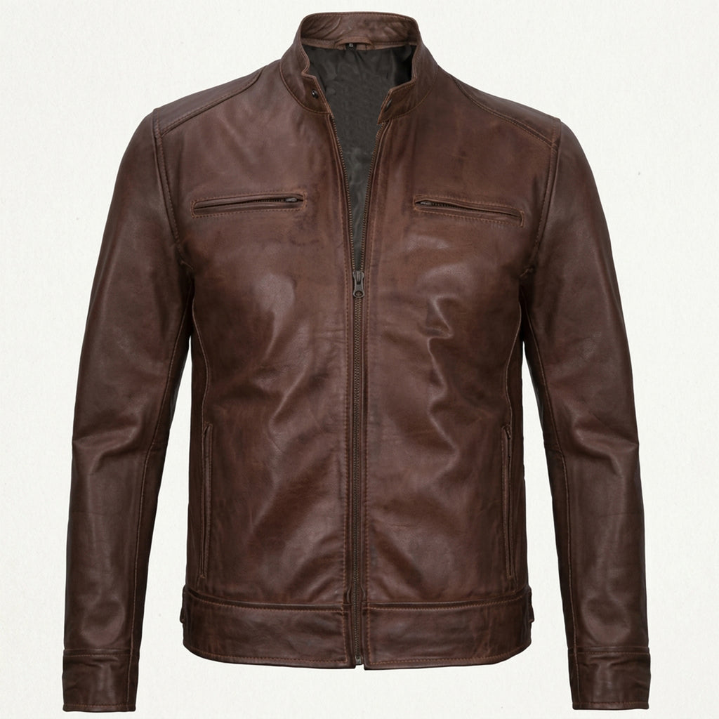 Bolvane Cognac Wax Café Racer Leather Jacket – Men's