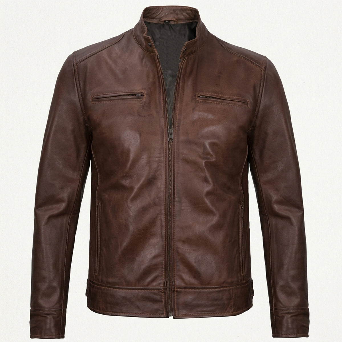 Bolvane Cognac Wax Café Racer Leather Jacket – Men's