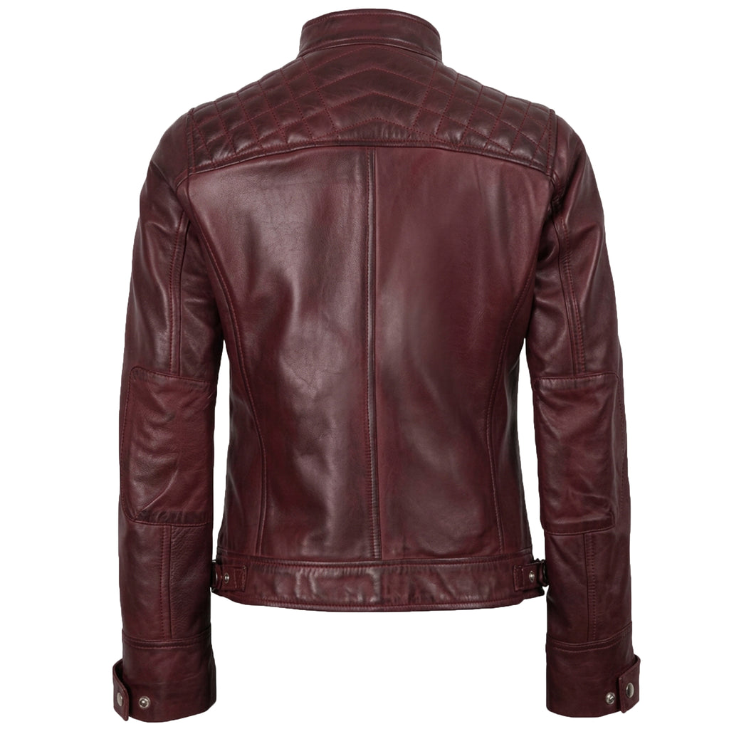 Women's Maroon Wax Leather Cafe-Racer Jacket