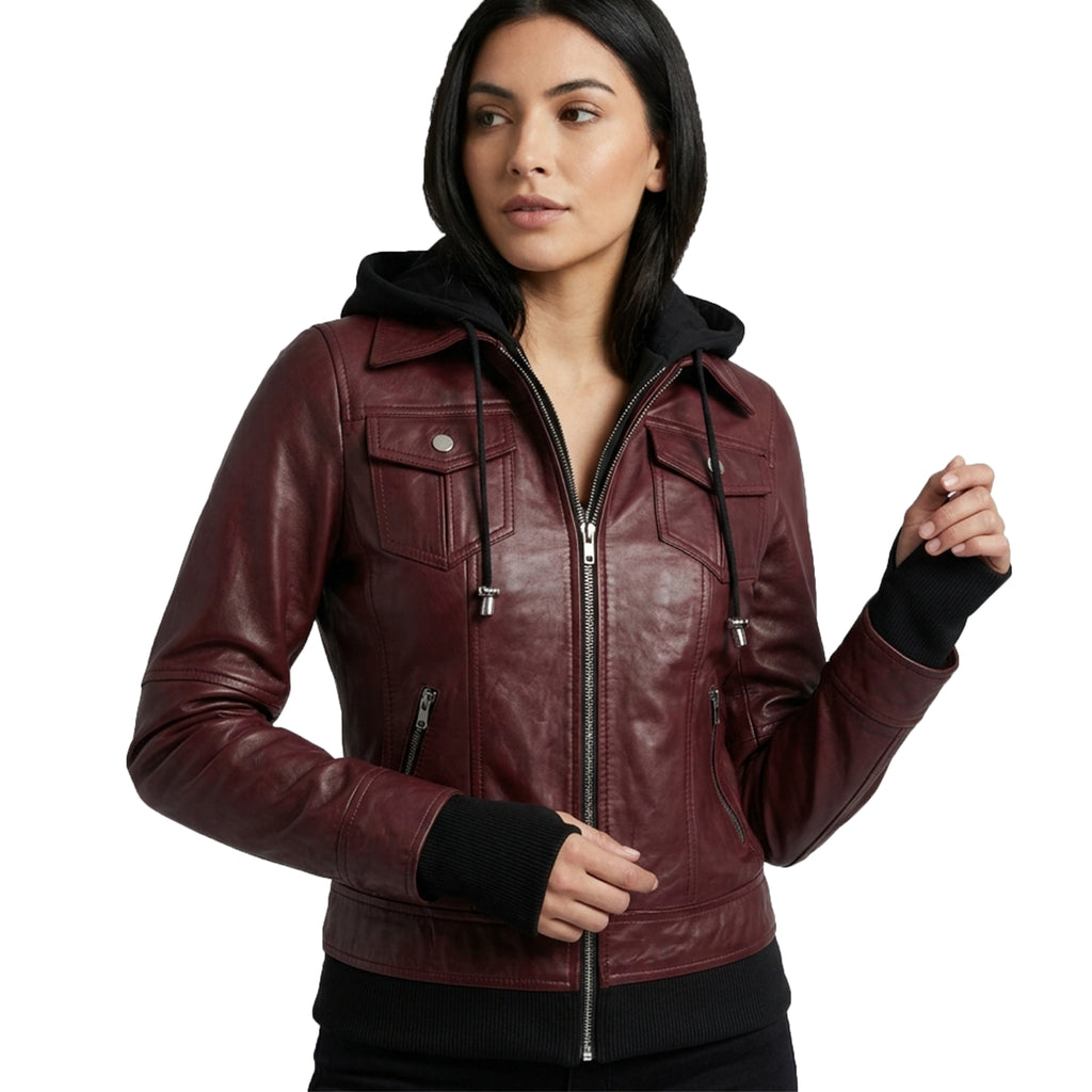 Women’s Maroon Wax Leather Jacket – 2-in-1 Detachable Hood