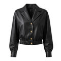Women's Black Drop Shoulder Cropped Leather Lapel Jacket