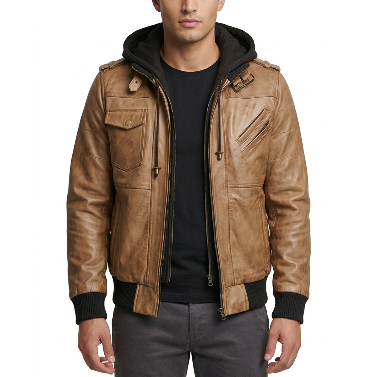Men’s Camel Wax Leather Bomber Jacket with Detachable Hood