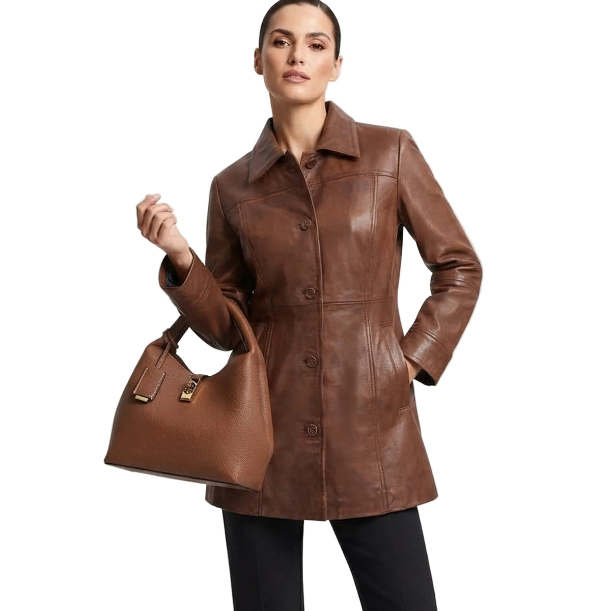 Classic Women’s Leather Car Coat Cognac Wax