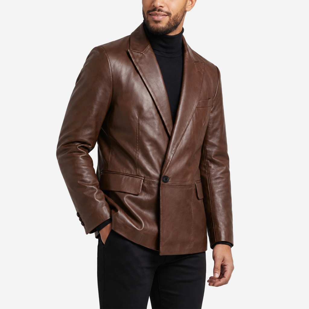 Men One-Button Leather Blazer Cognac Waxed