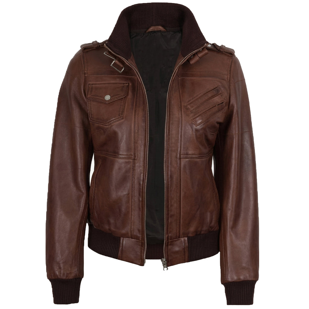Women’s Bomber – Detachable Hood Cognac Wax Leather Jacket