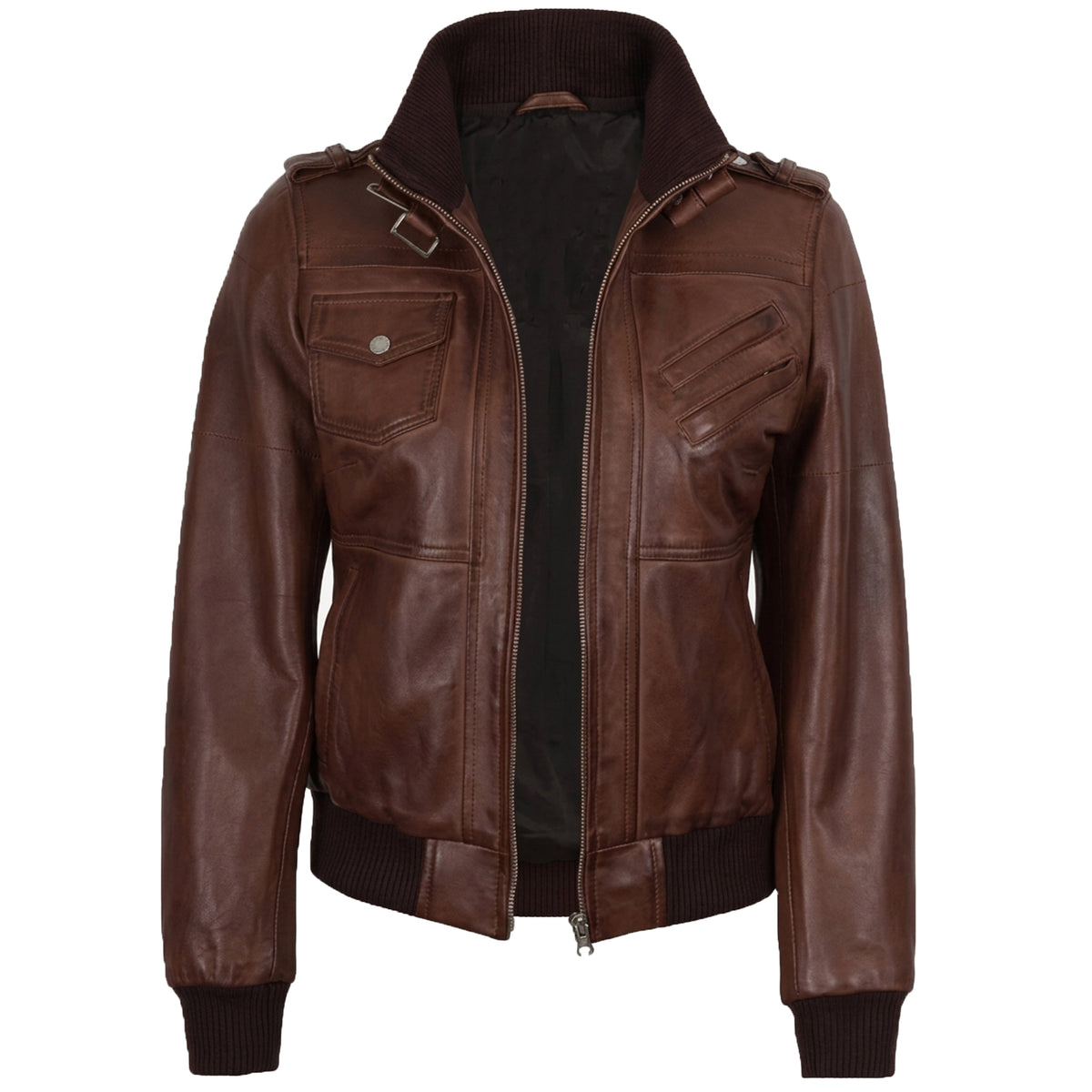 Women’s Bomber – Detachable Hood Cognac Wax Leather Jacket