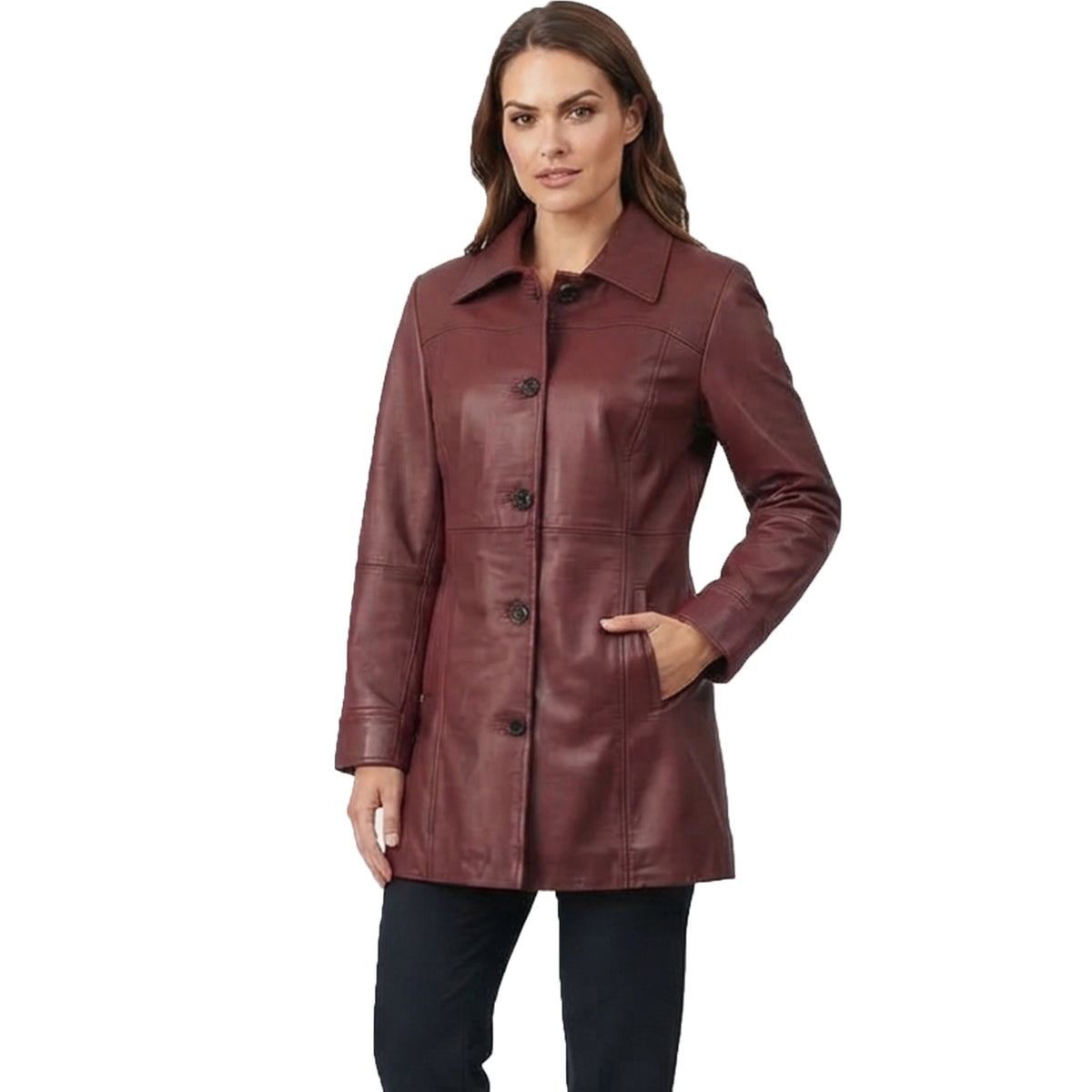 Classic Women’s Leather Car Coat Maroon Wax