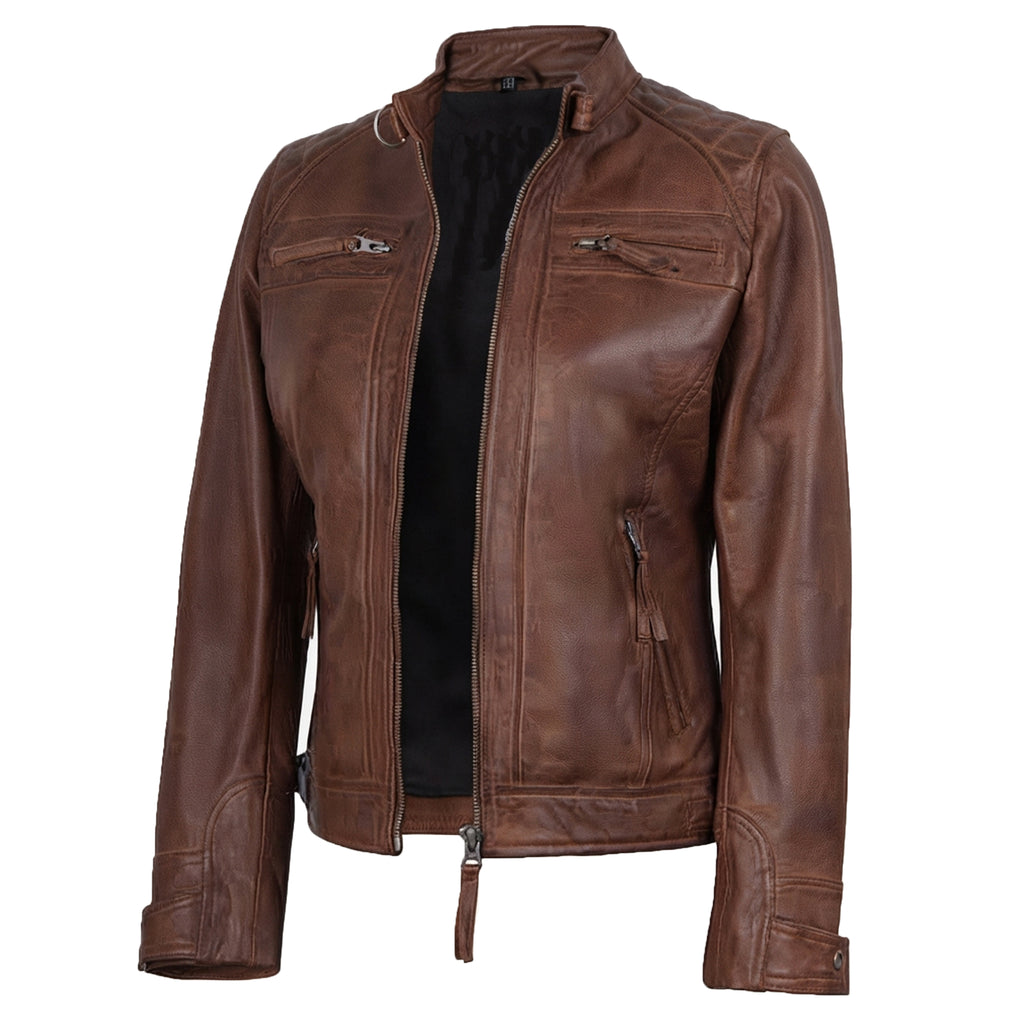 Women's Cognac Wax Leather Cafe Racer Jacket