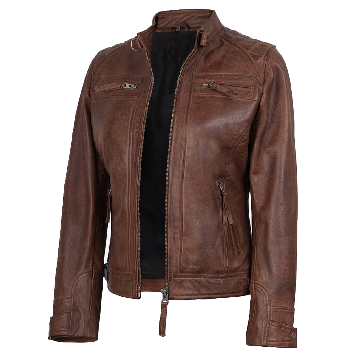 Women's Cognac Wax Leather Cafe Racer Jacket