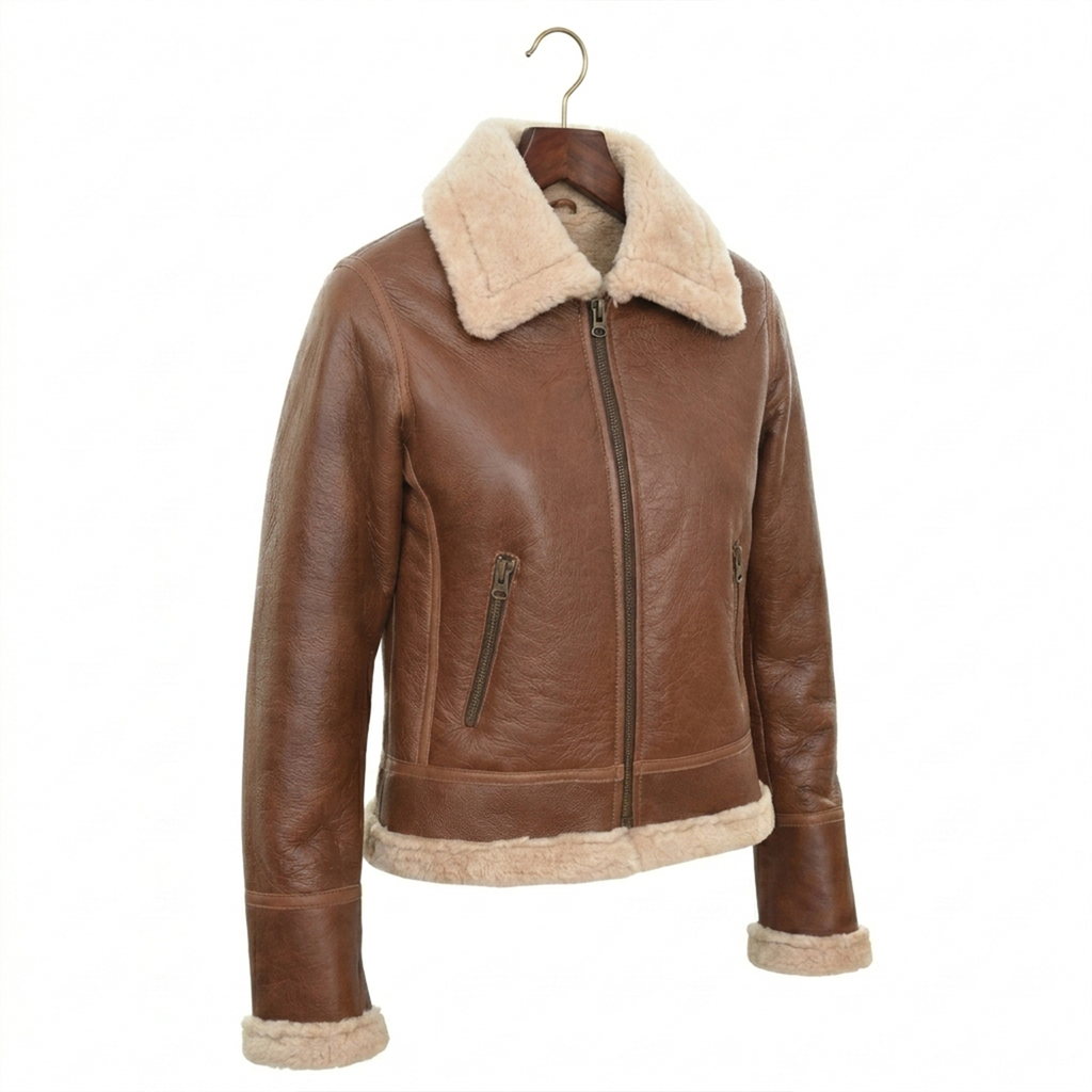 Women's Cognac Leather Shearling Aviator Jacket