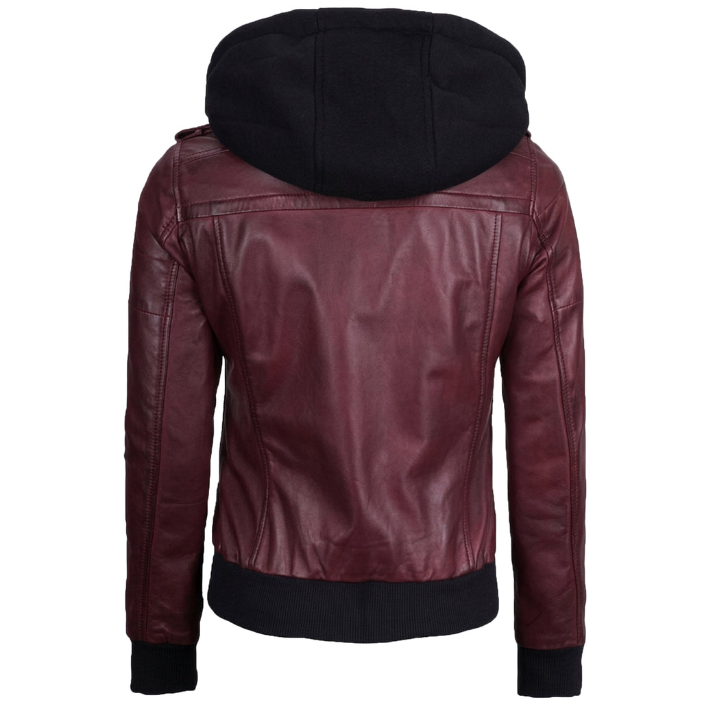 Women’s  Bomber – Detachable Hood Maroon Leather Jacket