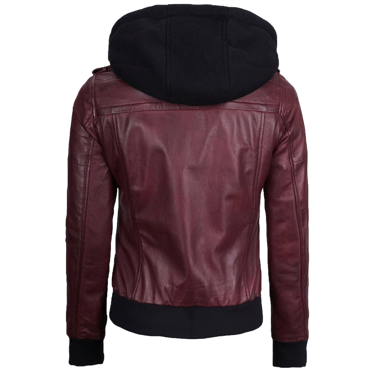Women’s  Bomber – Detachable Hood Maroon Leather Jacket