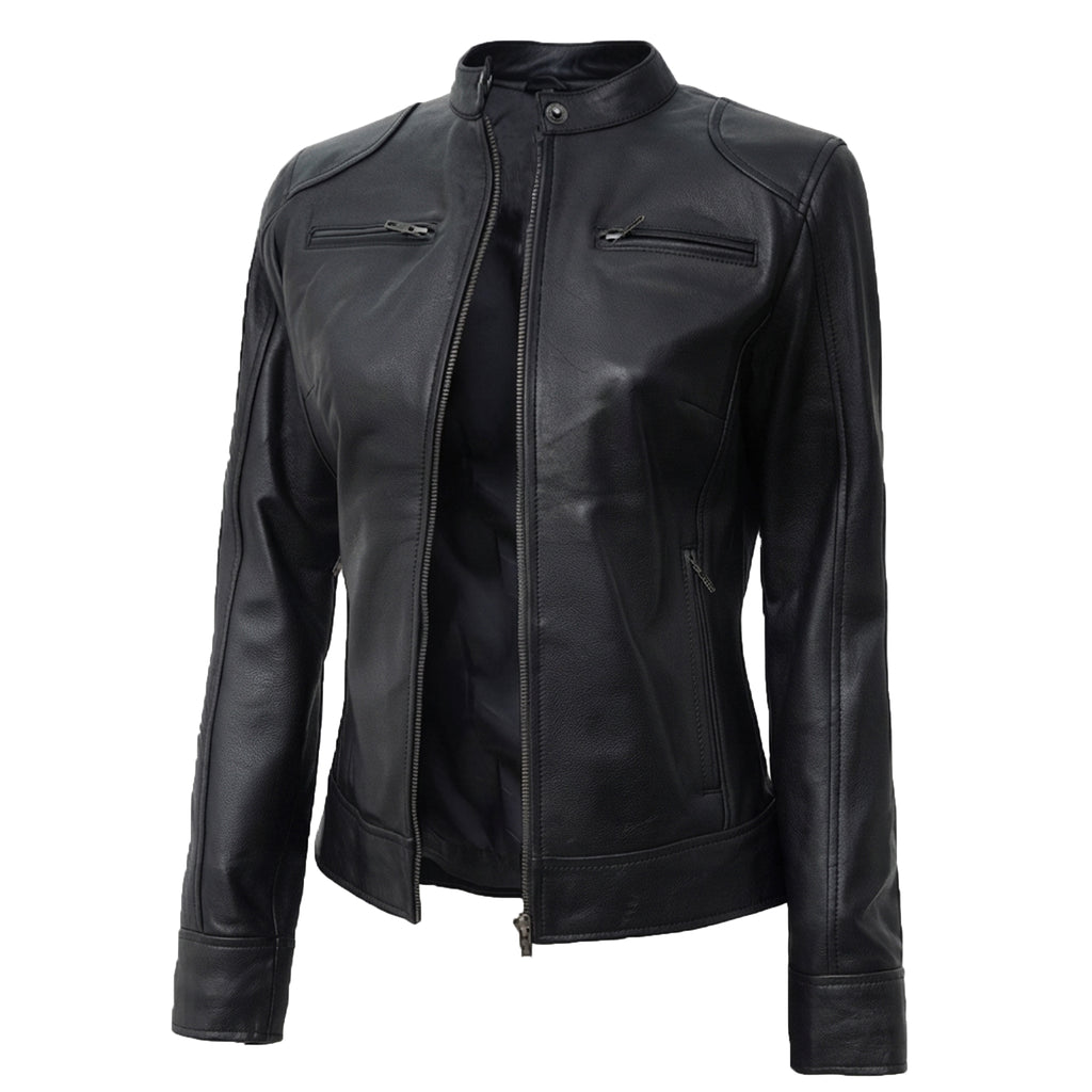 Bolvane Black Café Racer Leather Jacket – Women's