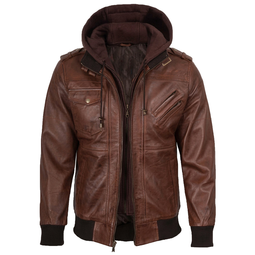 Men’s Cognac Wax Leather Bomber Jacket with Detachable Hood