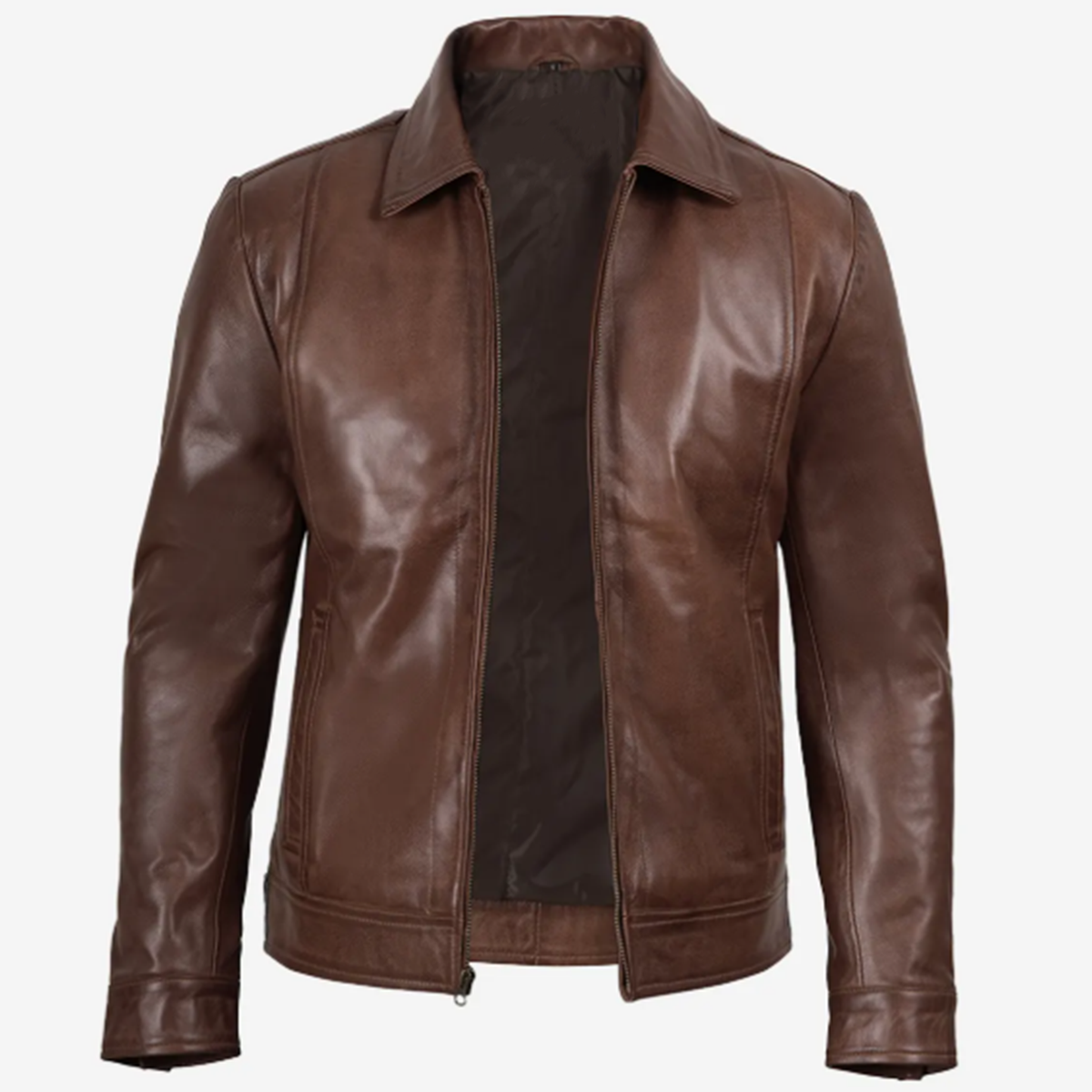 Men’s Vintage-Style Shirt Collar Leather Jacket Cognac Waxed