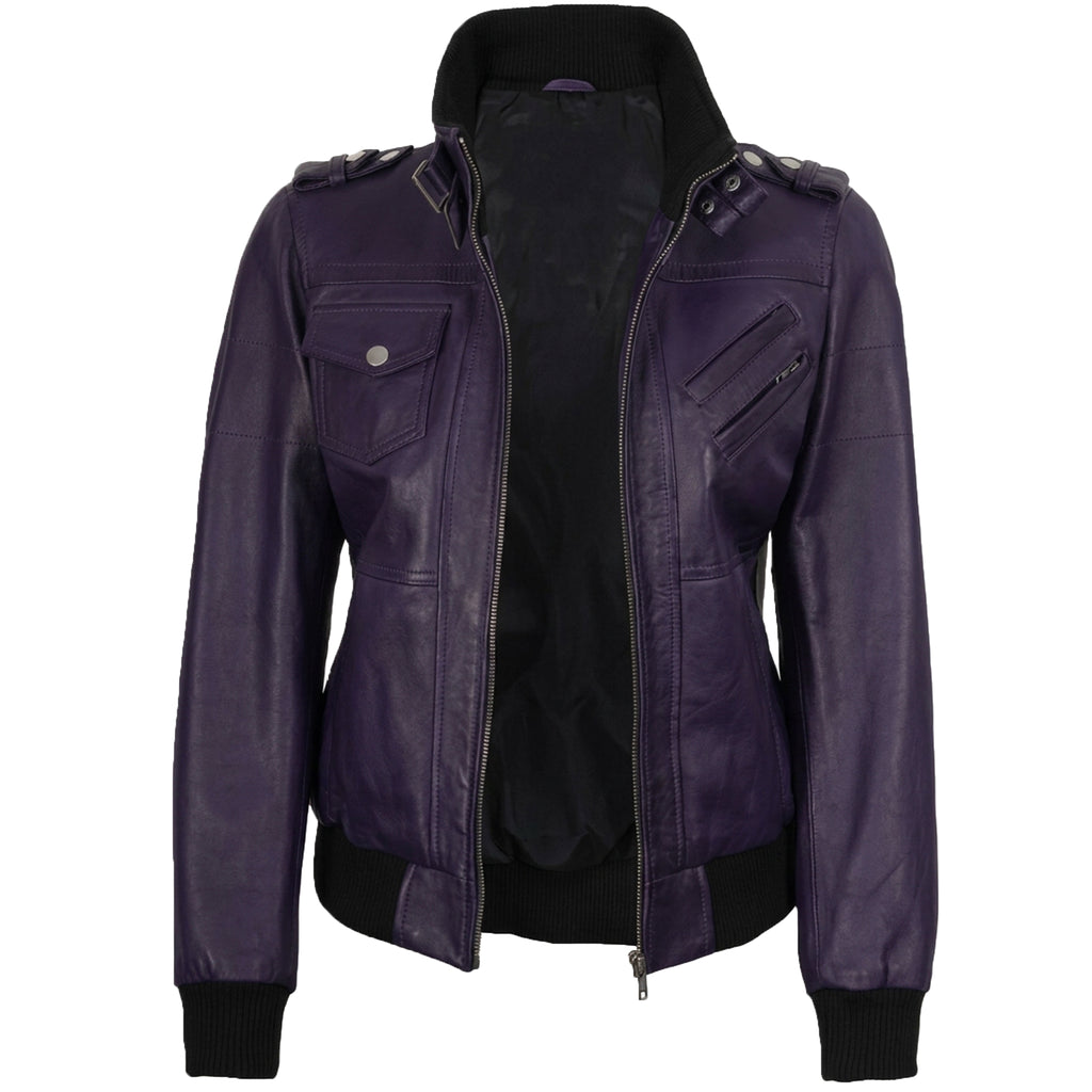 Women’s Bomber – Detachable Hood Purple Wax Leather Jacket