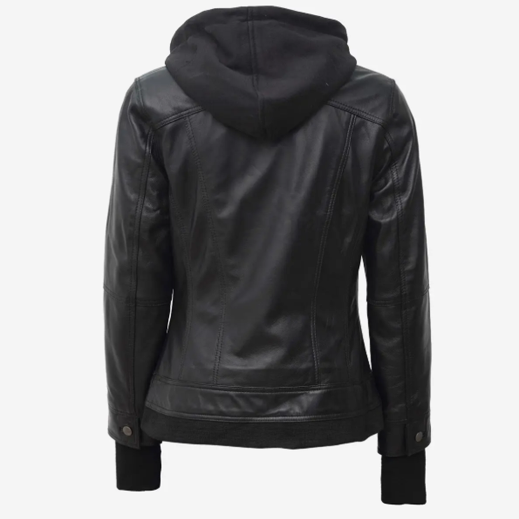 Women’s Black Leather Jacket – 2-in-1 Detachable Hood