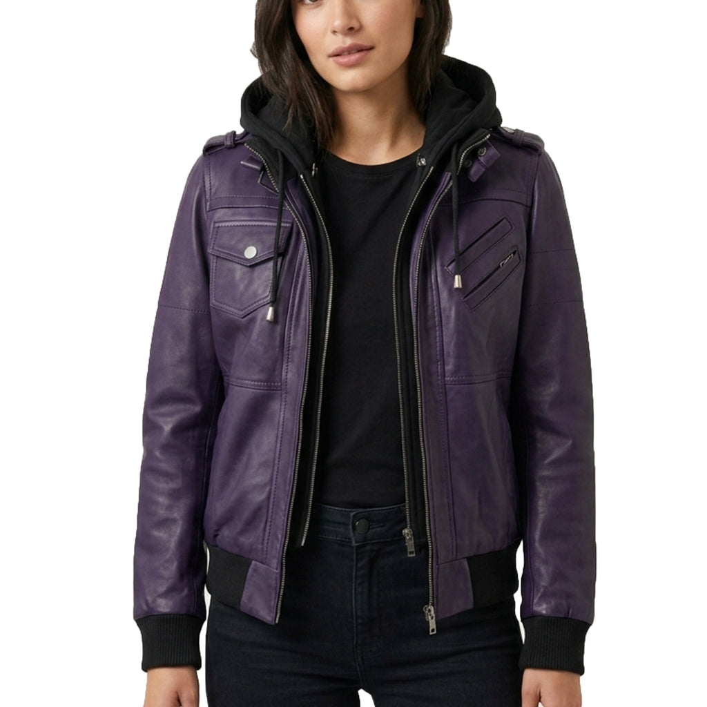 Women’s Bomber – Detachable Hood Purple Wax Leather Jacket
