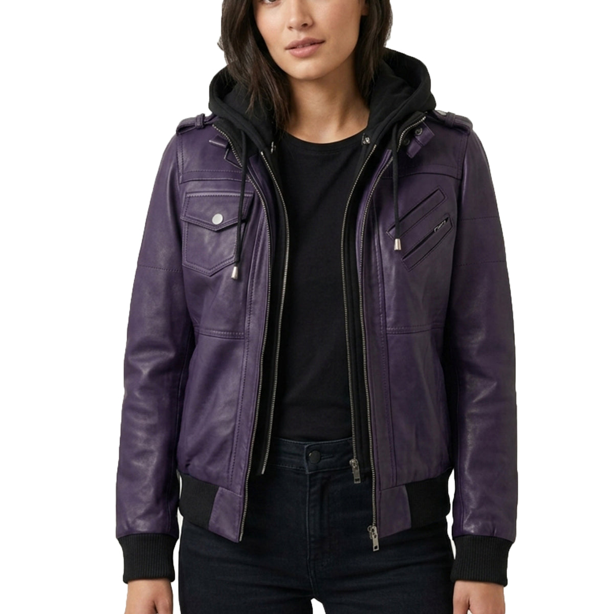 Women’s Bomber – Detachable Hood Purple Wax Leather Jacket